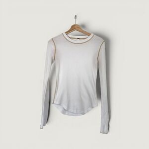 Free People Women's Cream Waffle Knit Long Sleeve Shirt Size Large Boho